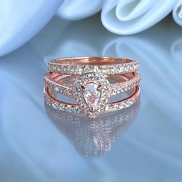 Rose Gold Plated 925 Sterling Silver Simulated Diamond Engagement Stackable Ring - Picture 12 of 14